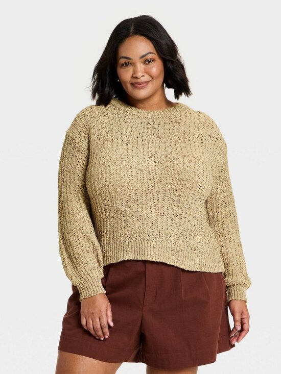 a new day Sweaters - Women's Long Sleeve Round Neck Tape Yarn Pullover Sweater - A New Day™ Brown 1X‎